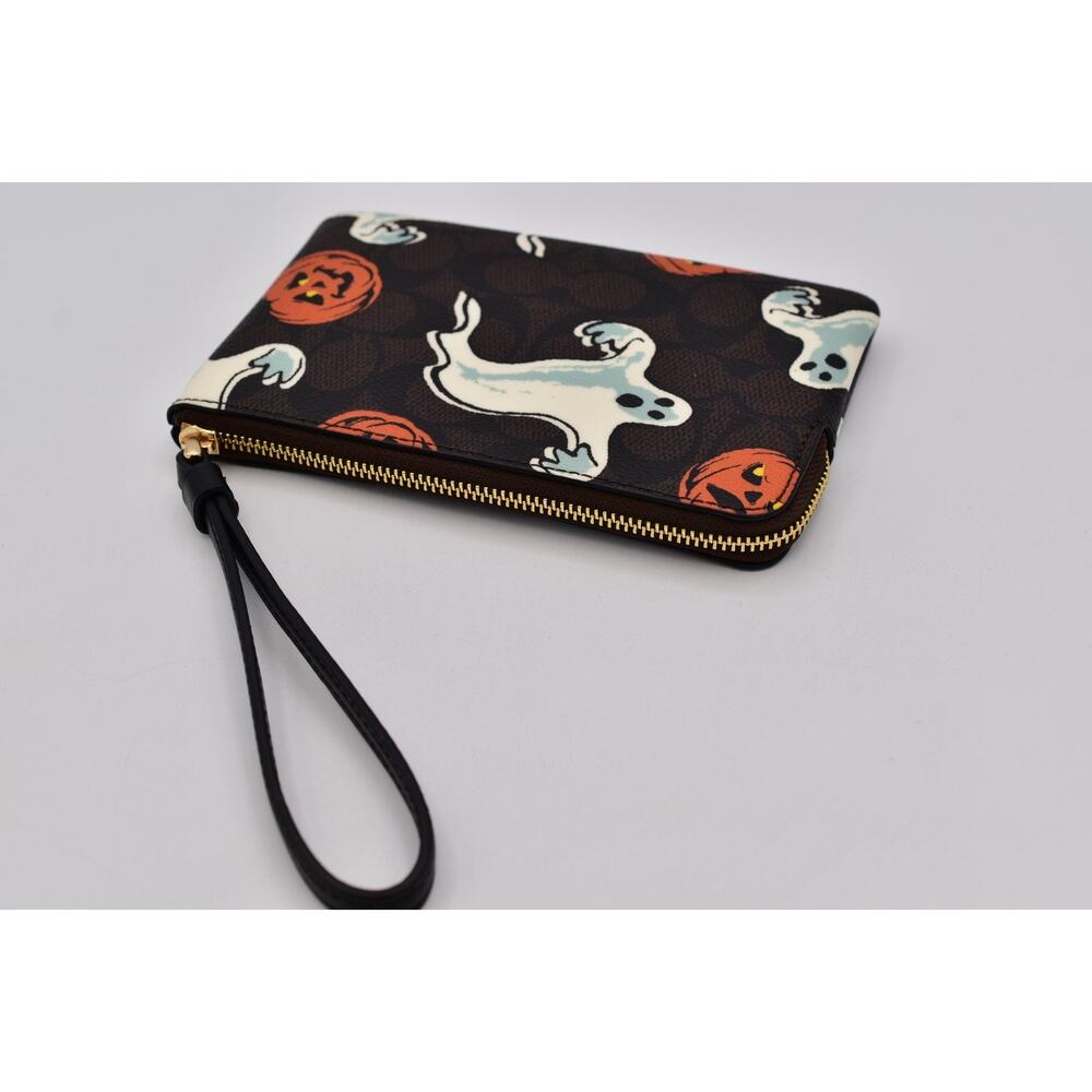 Coach Corner Zip Wristlet In Signature Canvas With Halloween Print Walnut Ghost - Picture 14 of 16